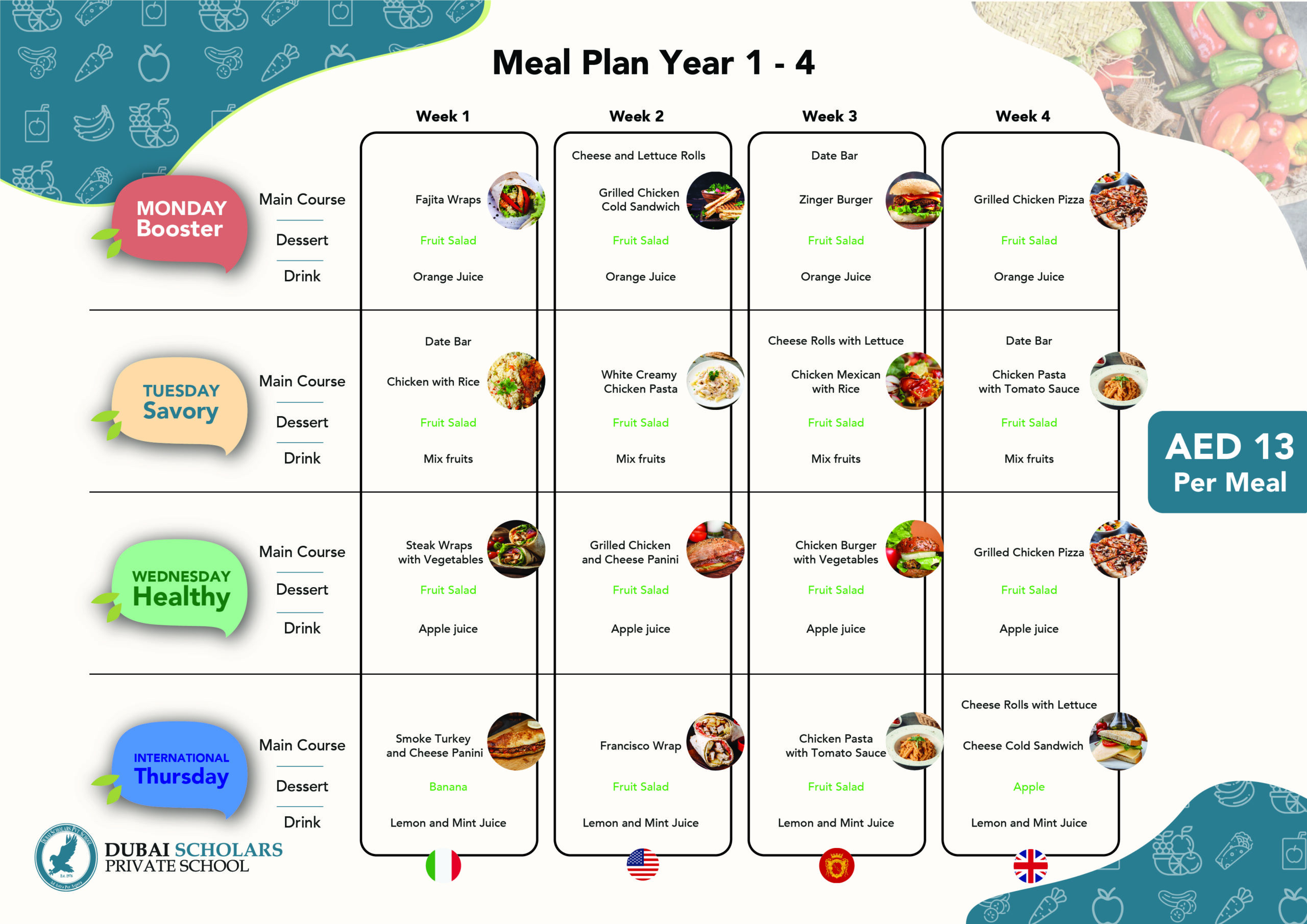 Dubai Scholars Meal Plan Year 1-4